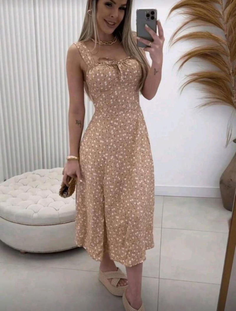 Vestido Midi Floral Bege
