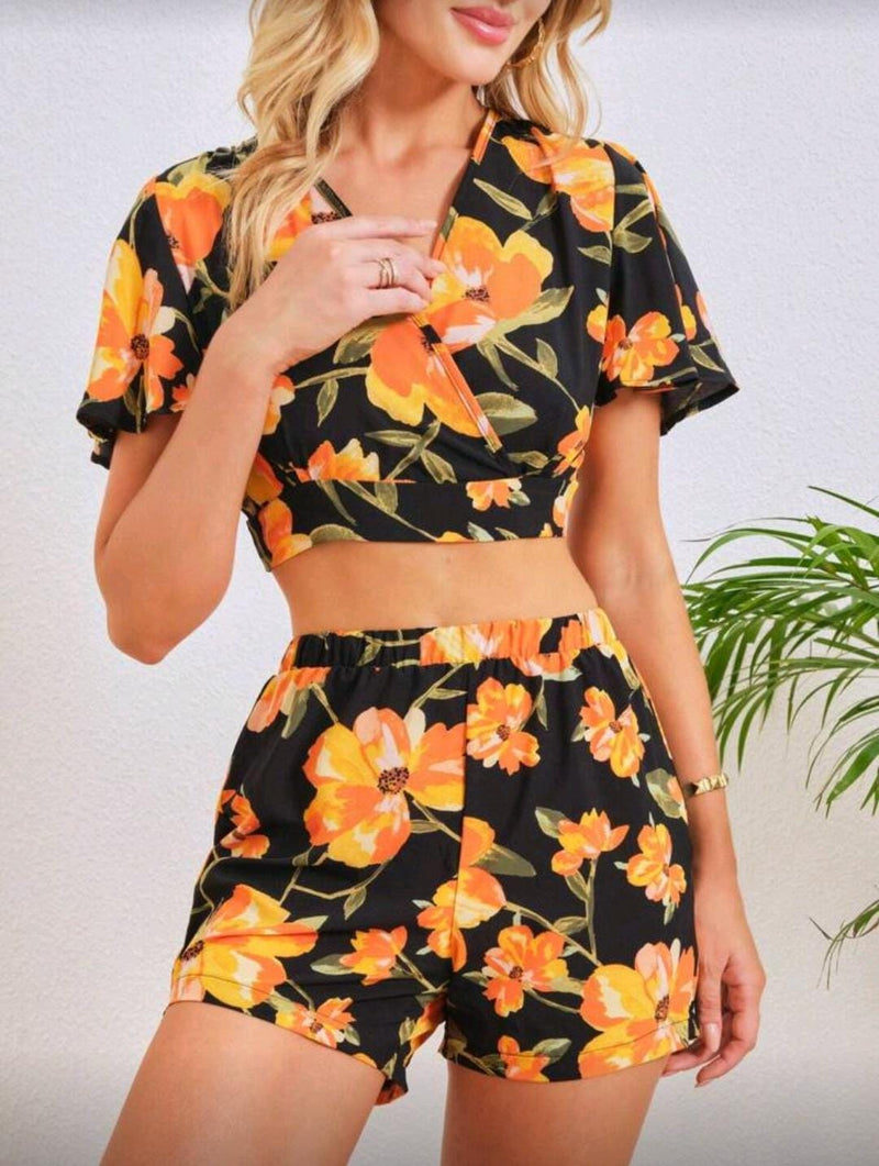 Conjunto Floral Preto &amp; Laranja
