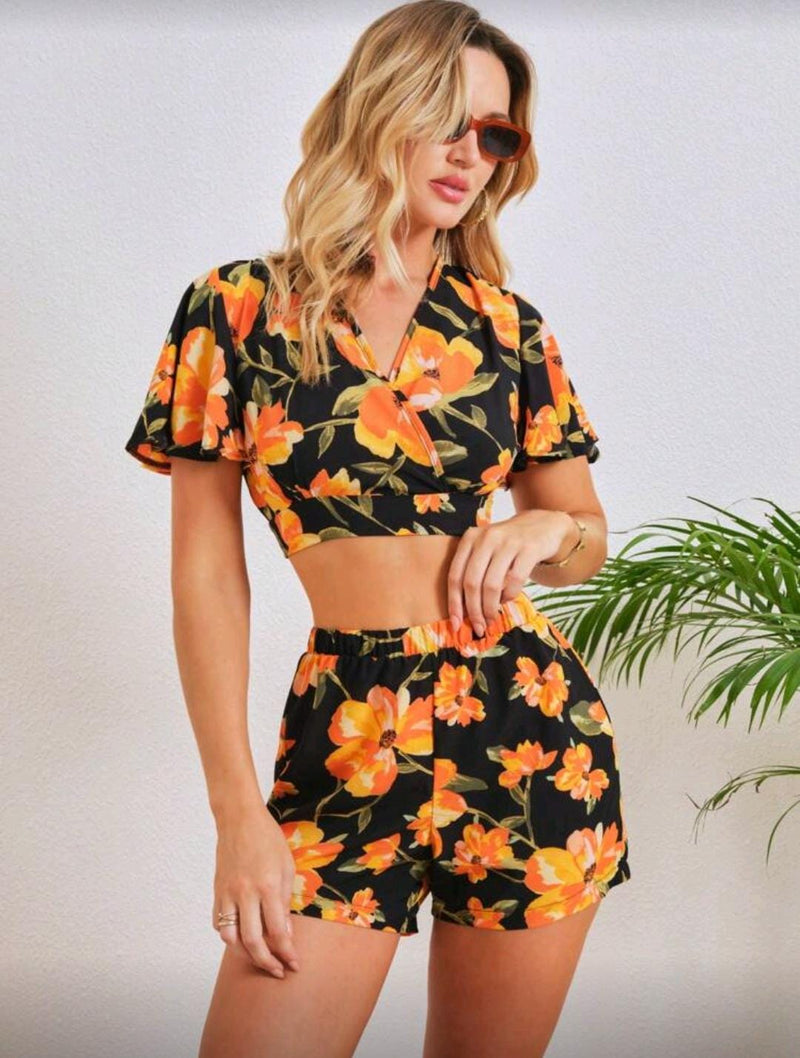 Conjunto Floral Preto &amp; Laranja