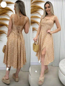 Vestido Midi Floral Bege